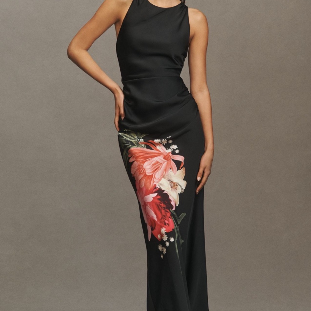 Anthropologie Black Maxi Dress with Pink and Cream Floral Print